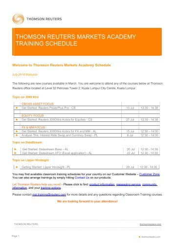 THOMSON REUTERS MARKETS ACADEMY TRAINING SCHEDULE