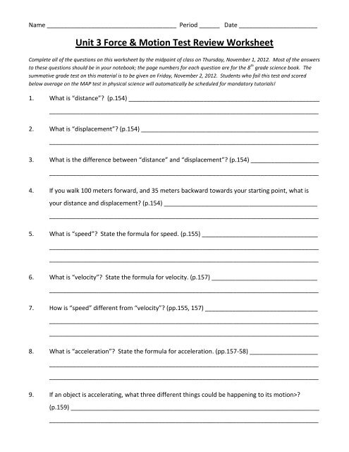 Unit 3 Force & Motion Test Review Worksheet