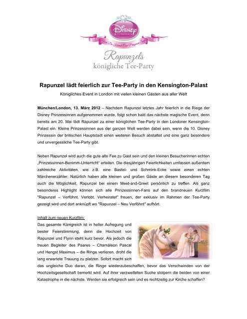 Rapunzel lädt feierlich zur Tee-Party in den Kensington ... - Disney