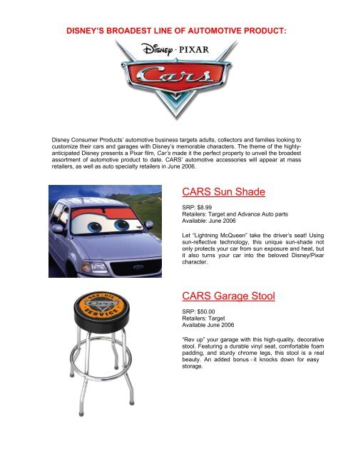 Cars Sun Shade Cars Garage Stool Disney