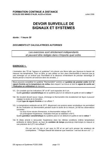 DEVOIR SURVEILLE DE SIGNAUX ET SYSTEMES