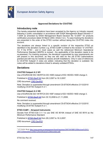 Approved Deviations for CS-ETSO - European Aviation Safety ...