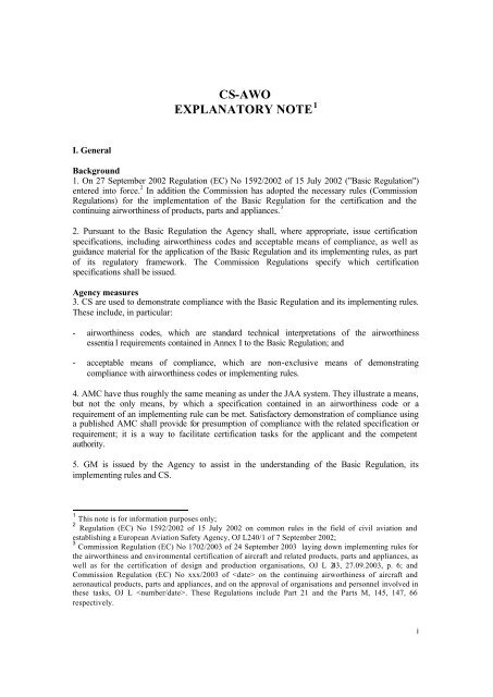 Cs Awo Initial Issue Explanatory Note European Aviation Safety
