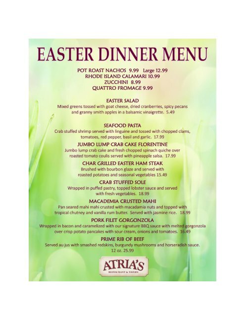 EASTER DINNER MENU - Atria's Restaurant and Tavern