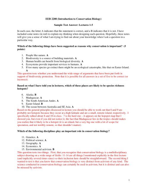 Sample Test Answer: Lectures 1-5 In each case, the letter A ...