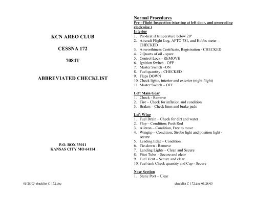 KCN AREO CLUB CESSNA 172 7084T ABBREVIATED CHECKLIST