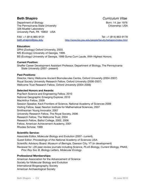 Beth Shapiro Curriculum Vitae - Penn State University Department ...