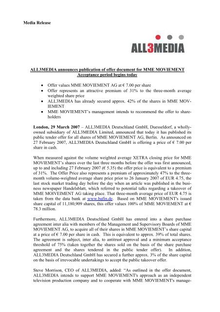 ALL3MEDIA Press Release English 032907 - MME moviement