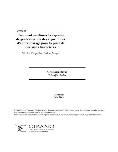 Comment améliorer la capacité de généralisation des ... - cirano