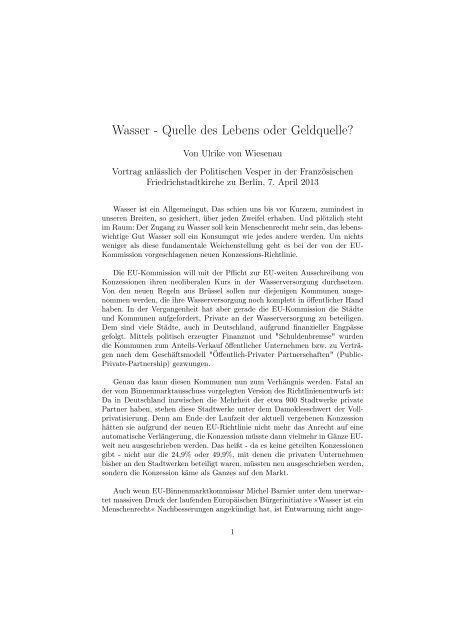 Wasser - Quelle des Lebens oder Geldquelle? - Berliner Wassertisch