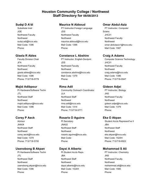 Houston Community College / Northwest Staff Directory for 06/20/2013