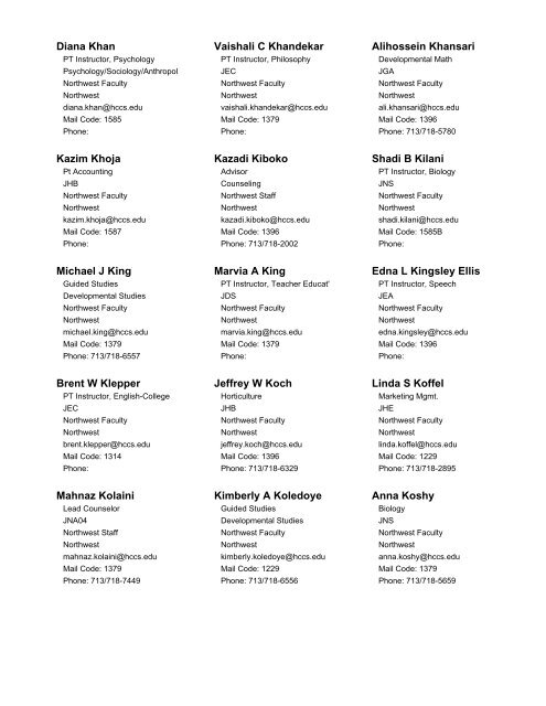 Houston Community College / Northwest Staff Directory for 06/20/2013