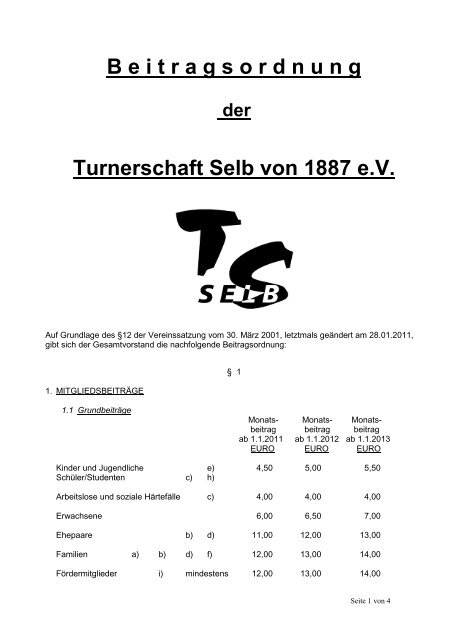 B e i t r a g s o r d n u n g Turnerschaft Selb von 1887 e.V.