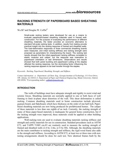 Wall Racking Strength Racking strength of paperboard based sheathing