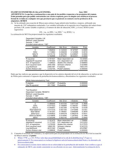 EXAMEN ECONOMETRIA II. Llic en ECONOMIA. Juny 2002 ...