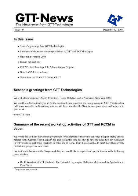 In this issue Season's greetings from GTT-Technologies Summary of ...