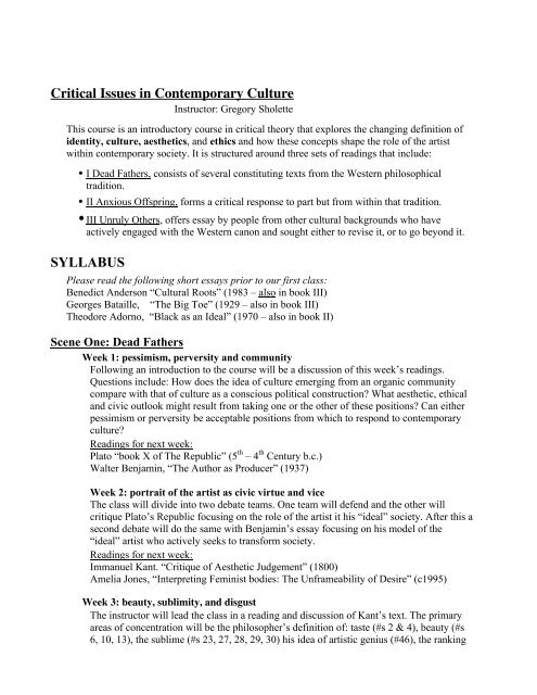 Critical Issues in Contemporary Culture SYLLABUS - Gregory Sholette