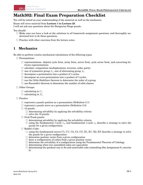 Math302: Final Exam Preparation Checklist - People.stat.sfu.ca