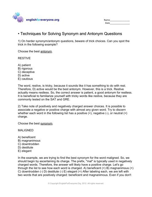Techniques for Solving Synonym and Antonym Questions