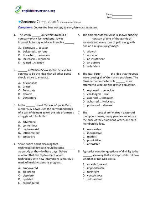 Sentence Completion 3 Low Advanced Sat Level English For