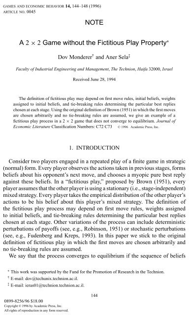 A 2 x 2 Game without the Fictitious Play Property - David Levine's ...