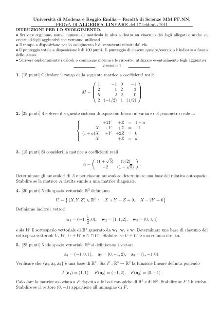 Prova scritta con soluzione di Algebra Lineare del 17 ... - Cdm.unimo.it