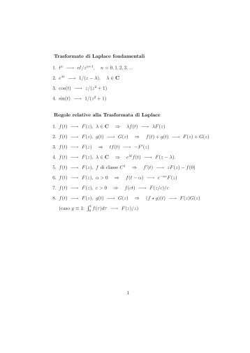 Trasformate di Laplace fondamentali 1. tn −→ n!/z n+1, n = 0,1,2,3 ...