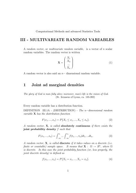 MULTIVARIATE RANDOM VARIABLES 1 Joint ad marginal densities