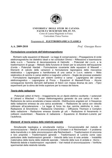 Elettrodinamica classica Dipartimento di Fisica e Astronomia dell