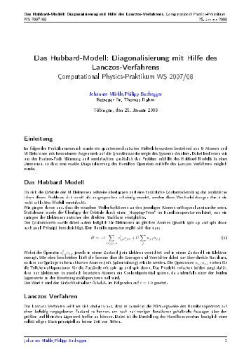 Das Hubbard-Modell: Diagonalisierung mit Hilfe des Lanczos ...