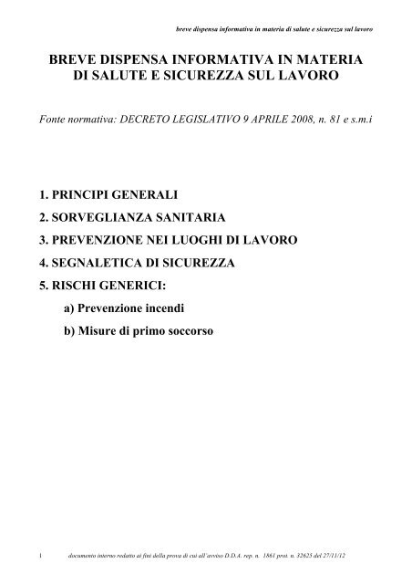 breve dispensa informativa in materia di salute e sicurezza sul lavoro