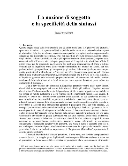 La Nozione Di Soggetto E La Specificita Della Sintassi