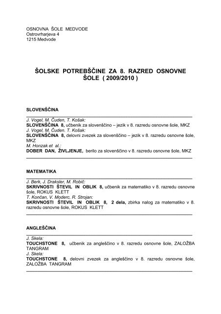 šolske potrebščine za 8. razred osnovne šole ( 2009/2010 ) - Shrani.si
