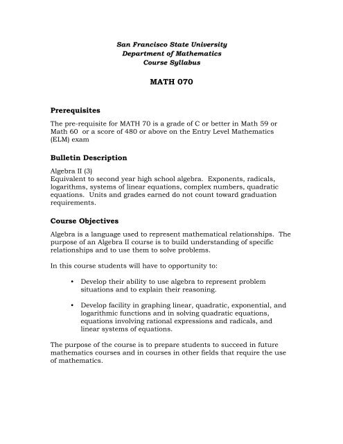 Math 070 Mathematics San Francisco State University 5012