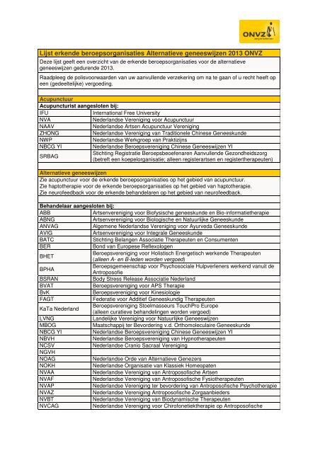 Lijst erkende beroepsorganisaties Alternatieve geneeswijzen ... - Onvz