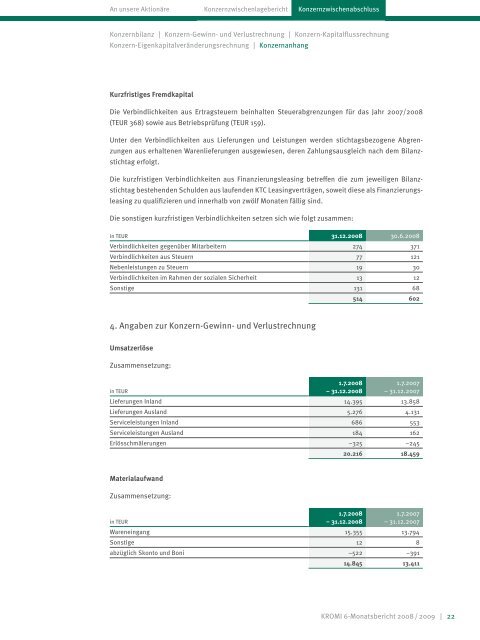 6-Monatsbericht 2008 / 2009 - Kromi Logistik AG