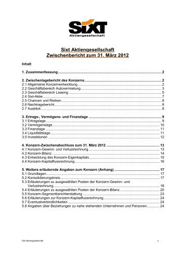 Sixt Aktiengesellschaft Zwischenbericht zum 31. März 2012 - Sixt AG