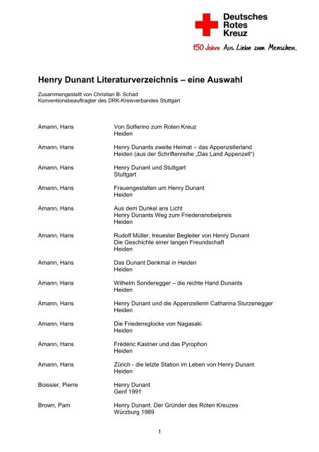 Henry Dunant Literaturverzeichnis – eine Auswahl - DRK Stuttgart