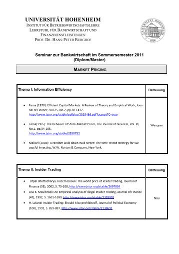 market pricing - Lehrstuhl für Bankwirtschaft - Universität Hohenheim