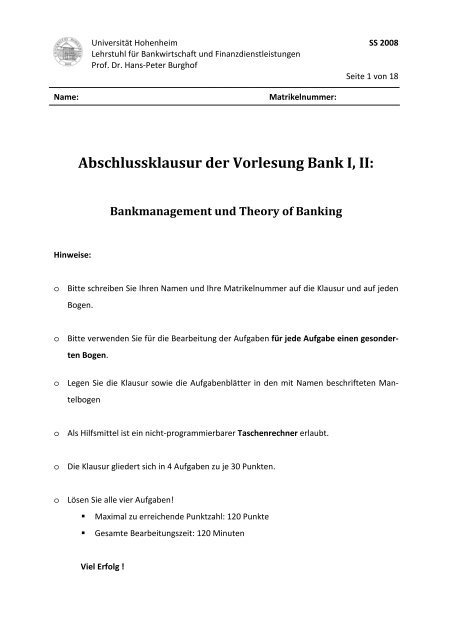 Klausur Lösung BankI-II SS08 - Lehrstuhl für Bankwirtschaft ...