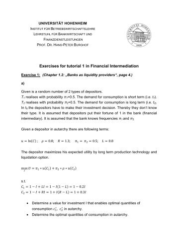 Exercises for tutorial 1 in Financial Intermediation - Lehrstuhl für ...