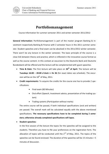 Finanzmärkte und Investment Banking - Universität Hohenheim