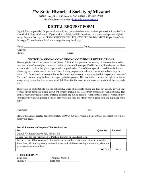 Permission to Publish Form - The State Historical Society of Missouri