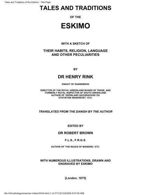 Tales and Traditions of the Eskimo - Alternative Religions ...