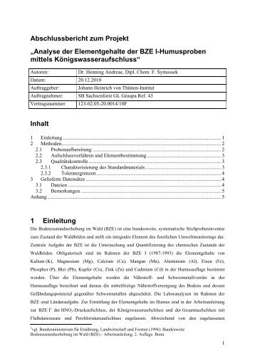 Abschlussbericht zum Projekt „Analyse der Elementgehalte der BZE ...