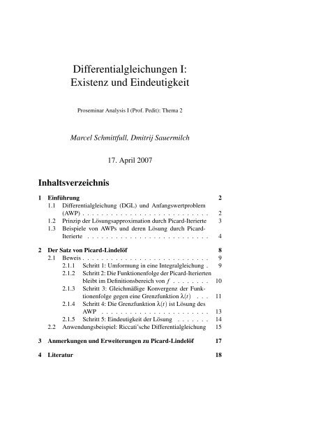 Differentialgleichungen I: Existenz und Eindeutigkeit - JavaPsi