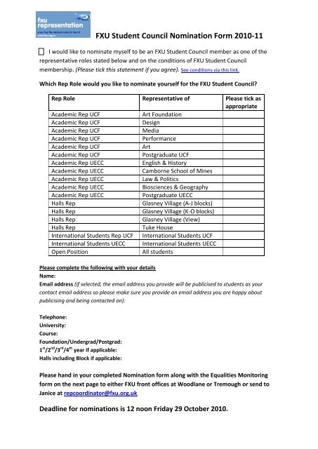 FXU Student Council Nomination Form 2010-11 - FXU Students Union