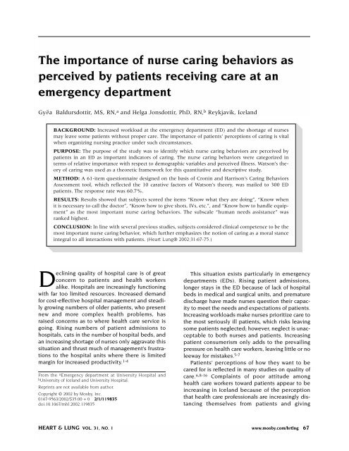 The importance of nurse caring behaviors as perceived by patients ...