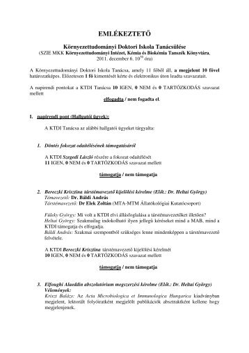 A DIT 2011.12.06-i ülésének emlékeztetõje - Környezettudományi ...