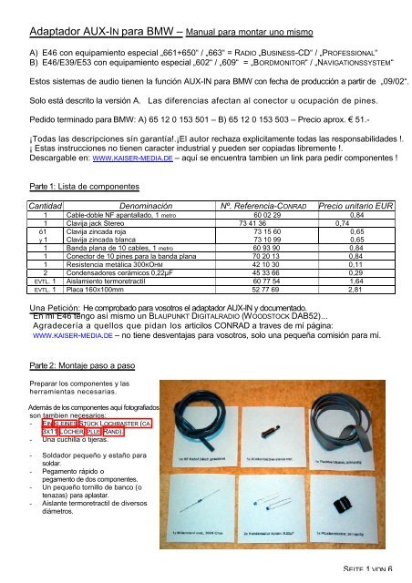 Adaptador AUX-IN para BMW – Manual para ... - BMW Carx Spain
